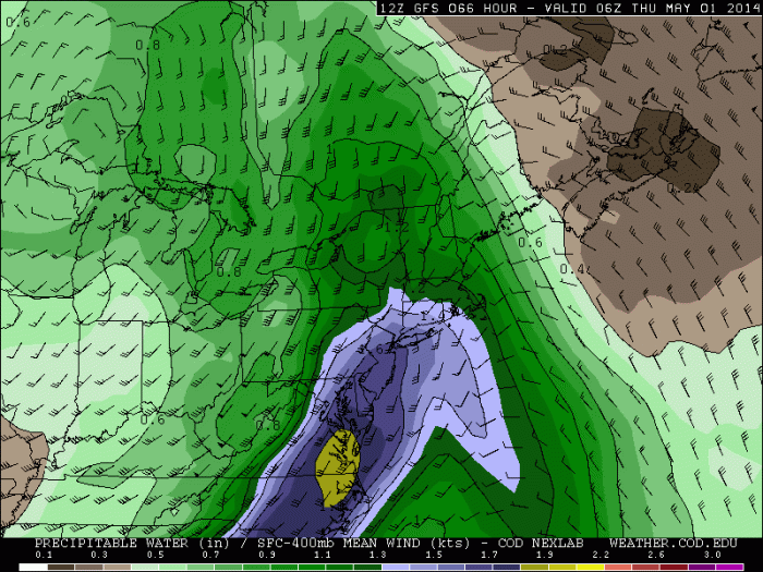 12z GFS showing precipitable water values at 1.50 inches and higher, Wednesday night.