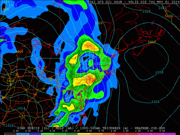 6z GFS showing heavy rainfall and embedded thunderstorms tonight over the region.