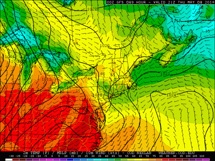 GFS showing the warm front remaining south of the Tri-State area on Thursday.