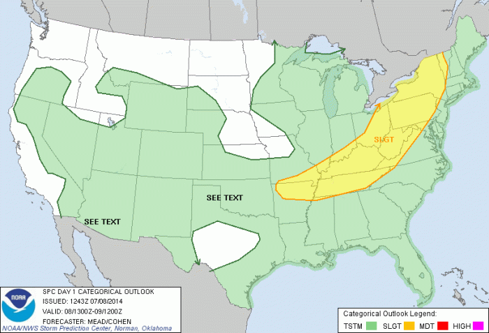 Storm Prediction Center outlook for 13z Wednesday, shows slight risk for parts Upstate NY, Pennsylvania, and Extreme Western Nj 