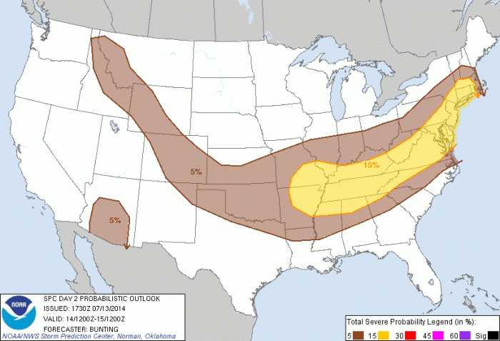SPC 1730 UTC outlook with 15% risk of severe thunderstorms on Monday