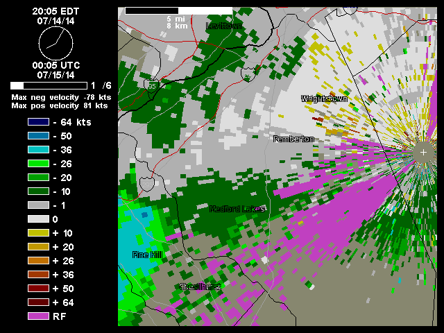 Base velocity radar loop show strong rotation with winds 75kts aloft near Perbermton, NJ (courtesy of Weather Underground)