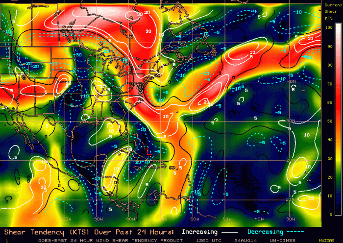 CIMMS Shear Tendency Analysis at 12z showing light shear over Cristobal (the L)