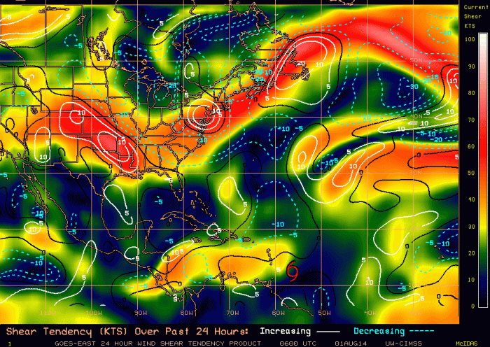6z Friday analays from CIMSS shows 30-40kts of upper-level shear over the Eastern Caribbean. 