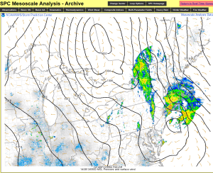 SPC mesoanalysis showing the primarily low over Canada. Secondary low east of NJ causing heavy thunderstorms over Long Island early Wednesday morning.