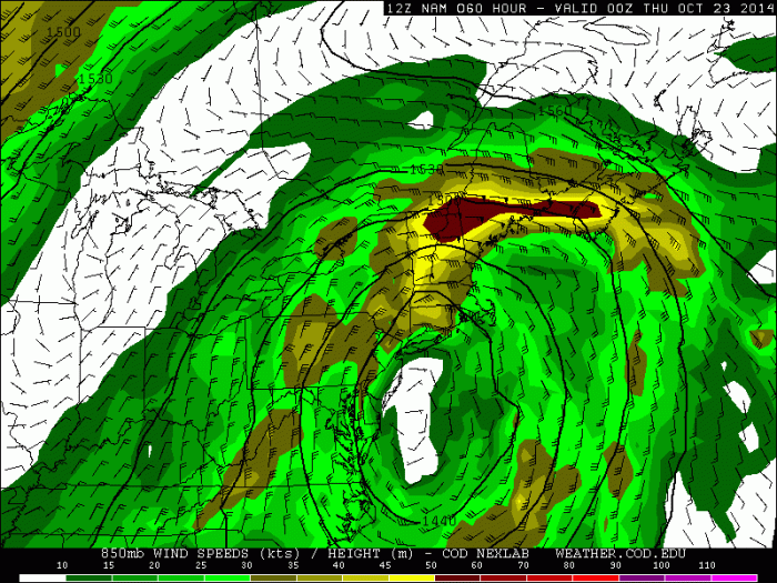 12z NAM model showing a 850mb 50kt+ easterly jet over parts of Northern New England.