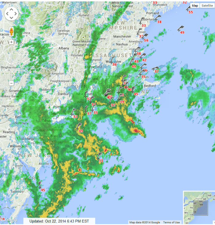 Surface wind, temps with radar overlaped at 6:43pm EDT 