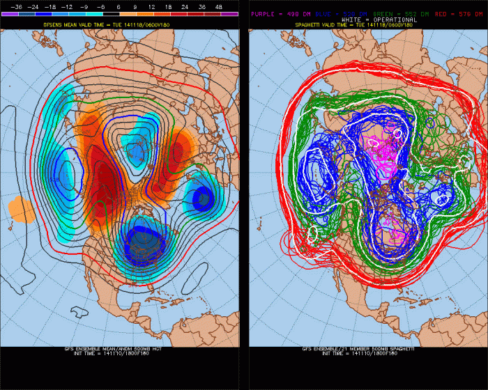 The GEFS showing the polar vortex over James Bay and trough over the Central and Eastern US.
