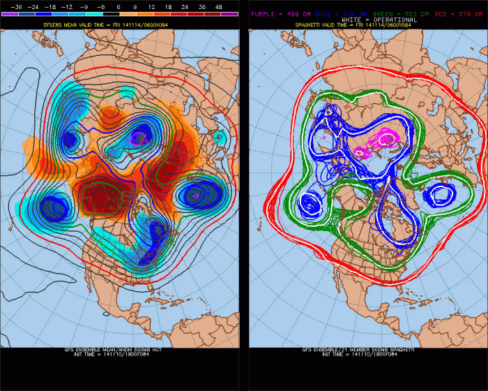 The GEFS at 500mb. A blocking ridge over Alaska and Northwest Canada (known as -EPO). Positive height anomalies extending into Greenland and Iceland (known as an east-based -NAO)