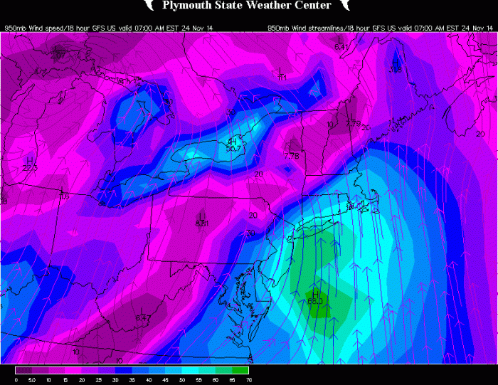 The 18z GFS showing wind 950mb (2000 feet) at 50k to 60kts over NYC, Long Island, and Eastern NJ