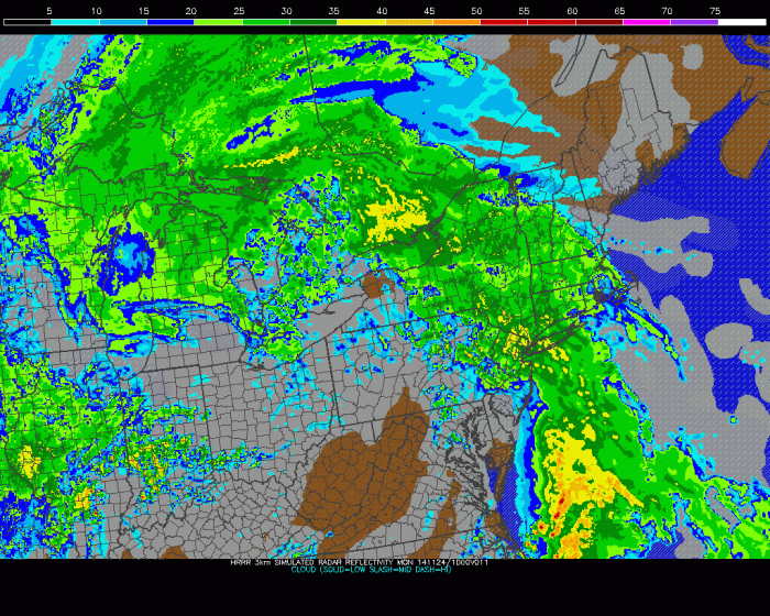 HRRR showing rain with embbeded heavy downpours moving through the area tomorrow morning