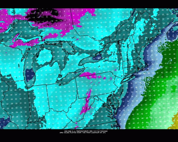6z 4km NAM showing temperatures in the teens on Wednesday morning