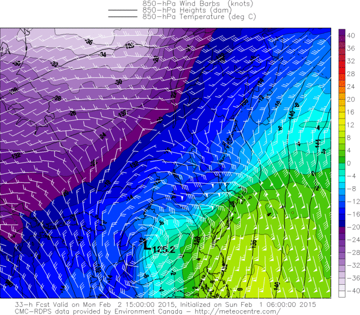6z RGEM model showing 850mb low over Western NY Monday morning and 850mb temperatures above 0C over Tri-state area