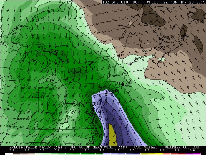 18z GFS showing precipitable water values over 1.2"-1.5" over the area tomorrow morning.