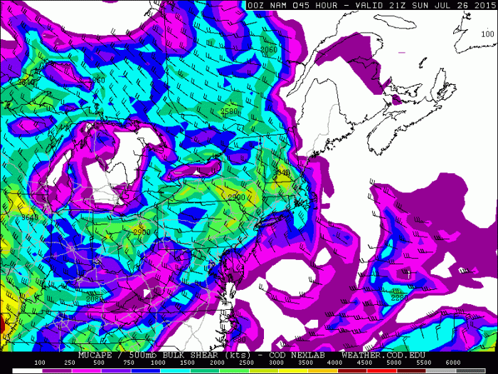 0z NAM showing moderate instability and low shear during Sunday afternoon